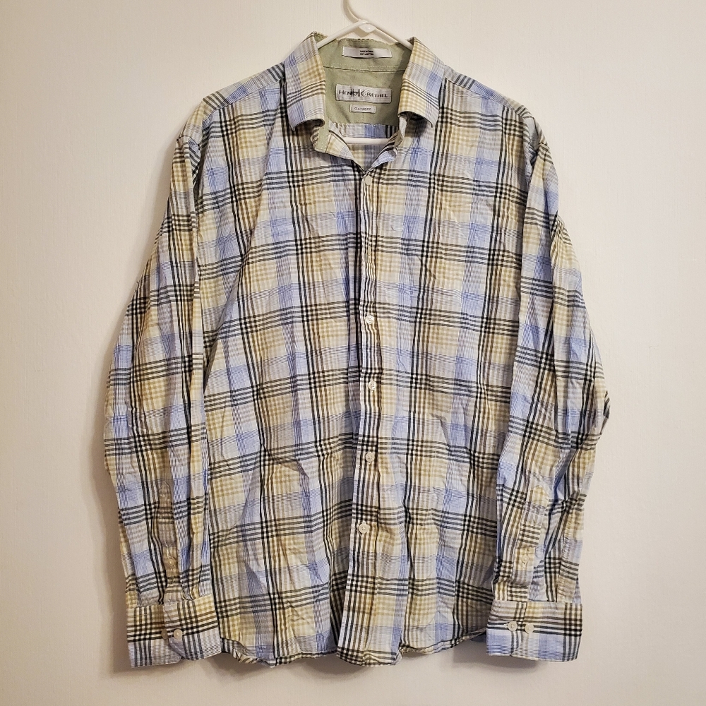 Henry Grethel Mens XLarge Blue Green Plaid Long Sleeve Button Up Dress Shirt